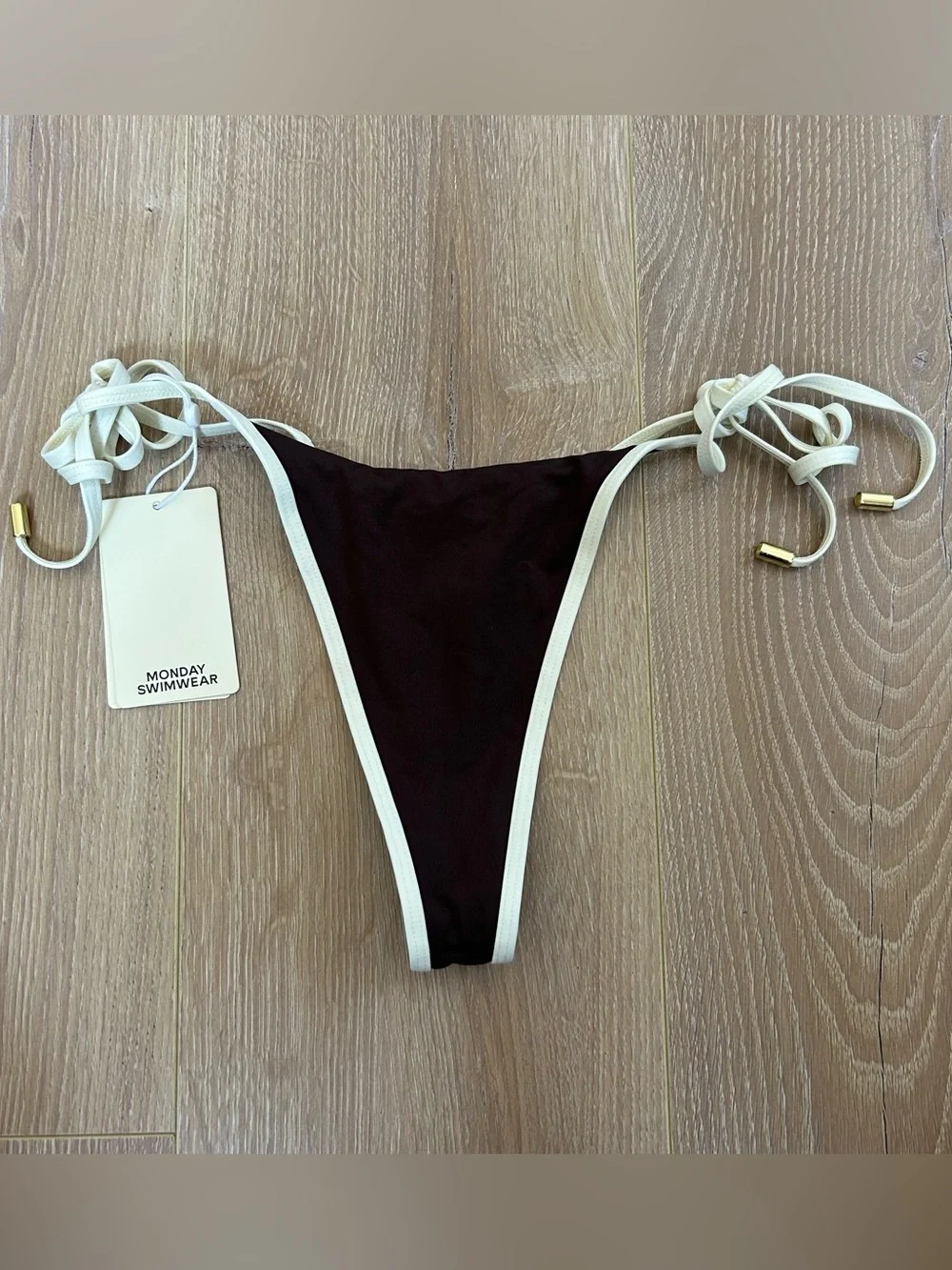 NWT New Monday Swimwear Cala Roja Top and Palma Thong in Espresso/Ivory Size S